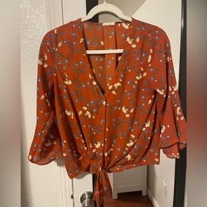 Floral Rust Blouse with Tie Front
